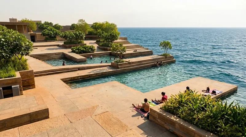 Seafront pool complex, terraced into the rock