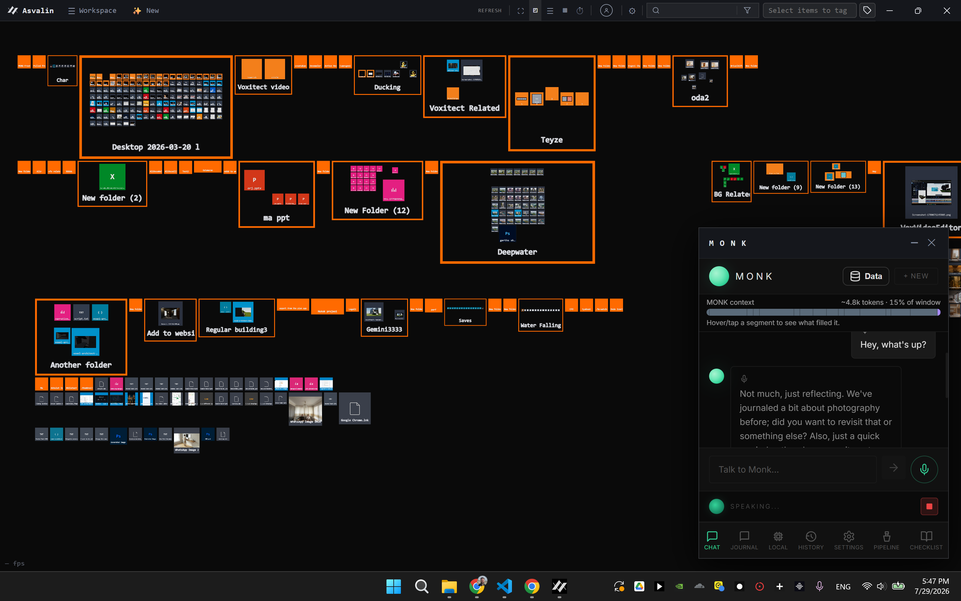 Asvalin with MONK docked bottom-right: ask MONK to find or organize, and the canvas responds