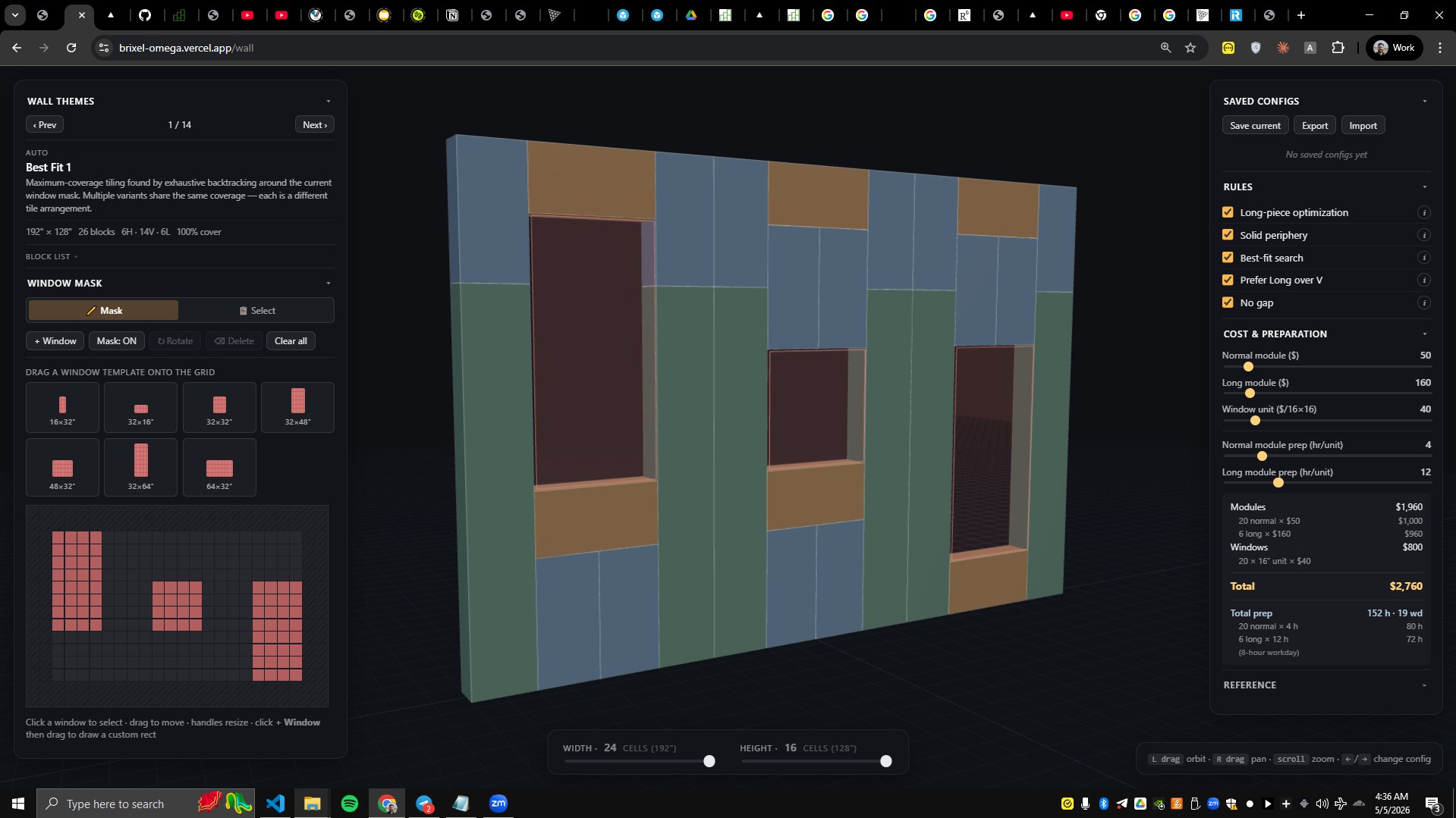 Wall editor: modules tiled around window openings with live cost and prep-time