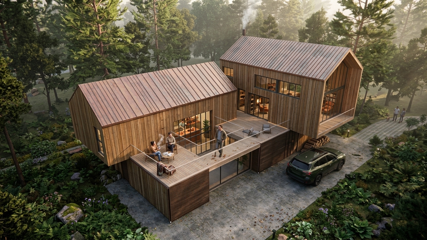 A photoreal render of the finished modular timber system in place