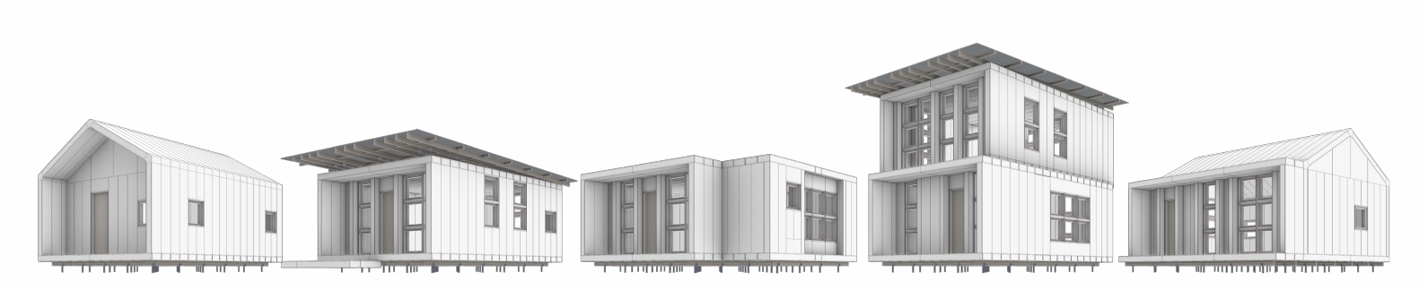 The same kit arranged into a series of different building layouts