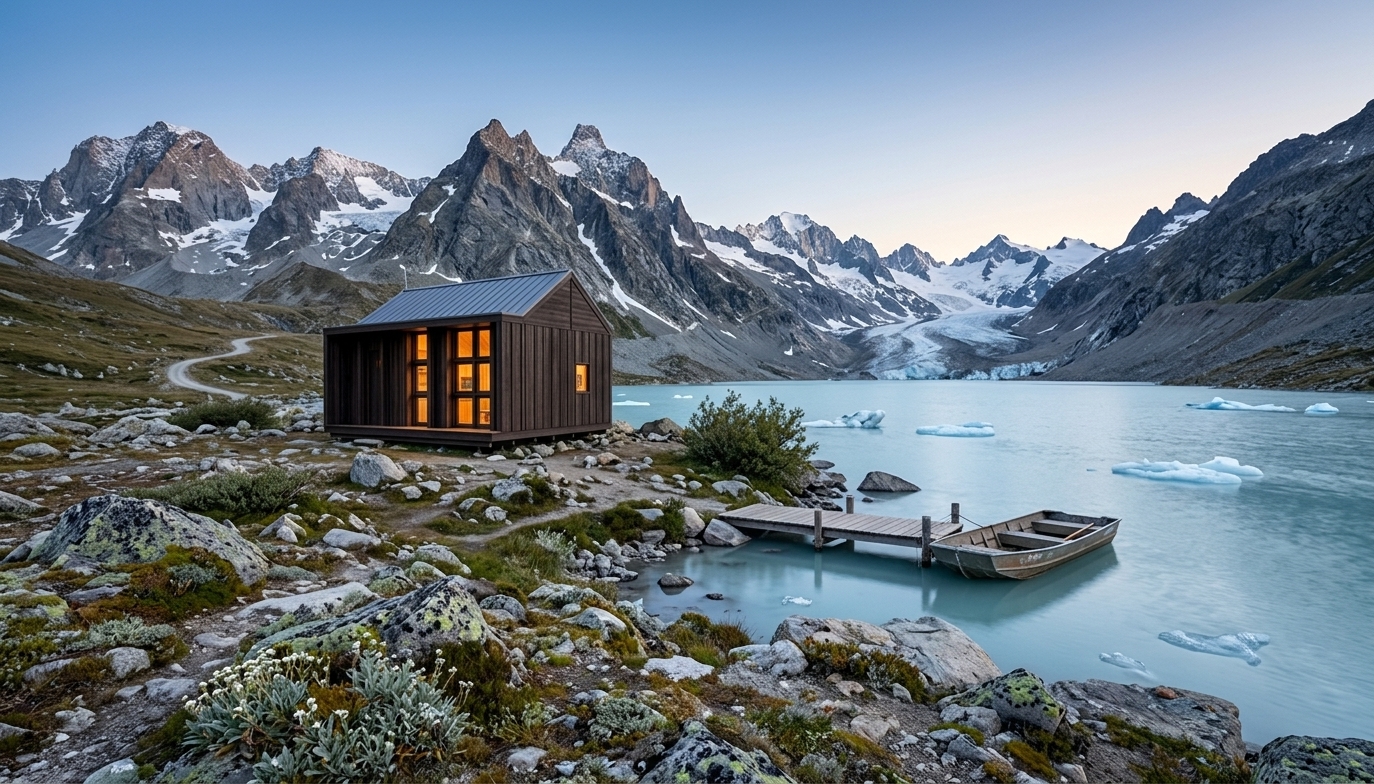 A charred-timber Brixel cabin beside an alpine lake