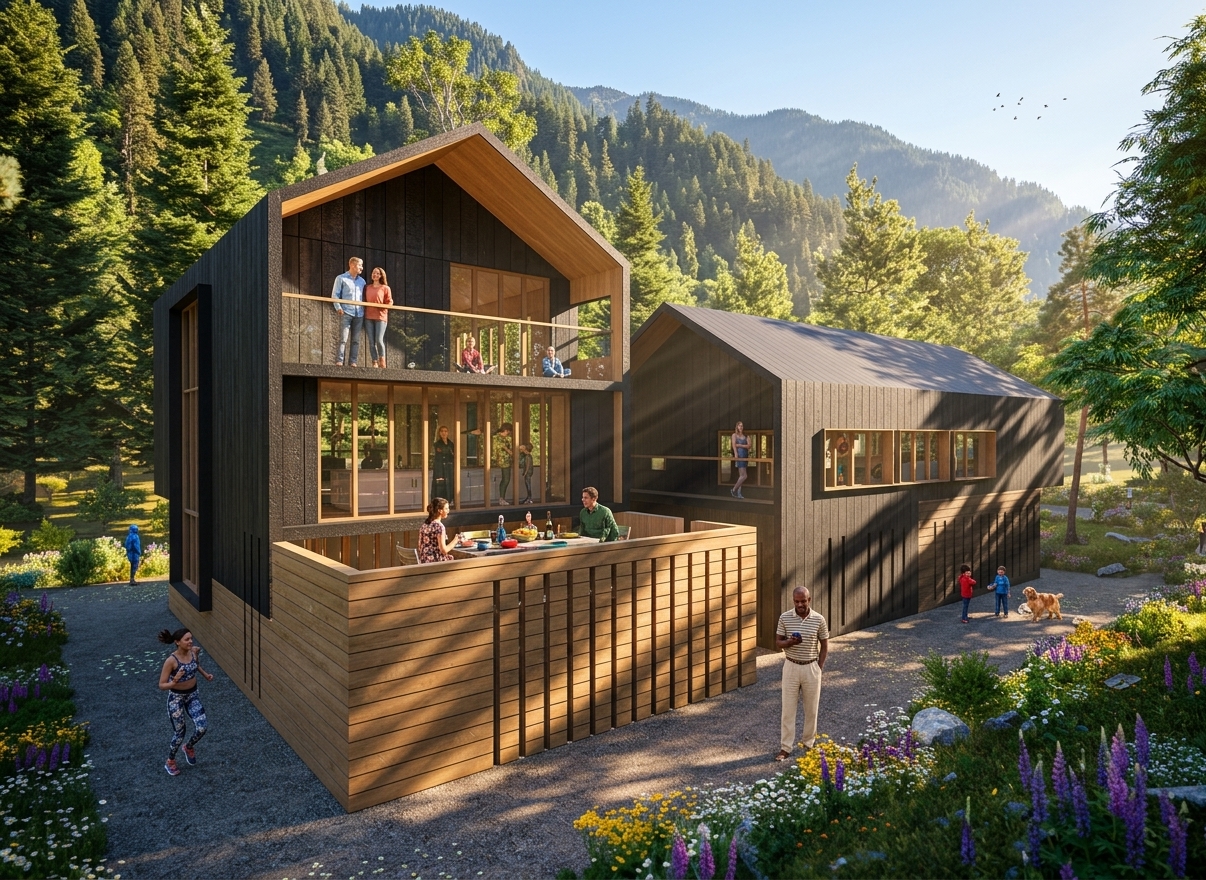 A two-storey Brixel home with an upper deck against mountain forest