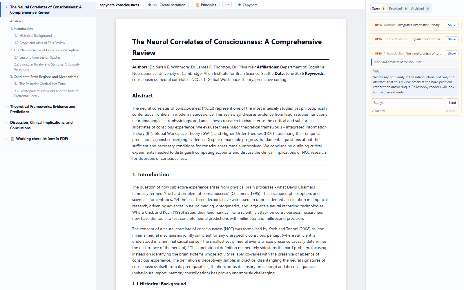 Reviewing a consciousness paper: outline on the left, real pages in the middle, open comments on the right