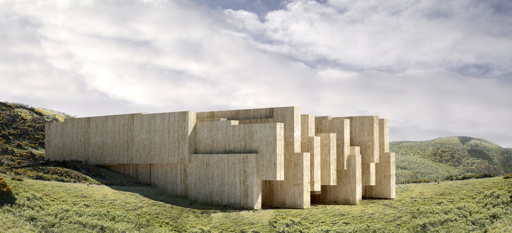 Ruin: a travertine stone monolith nested in green rolling hills