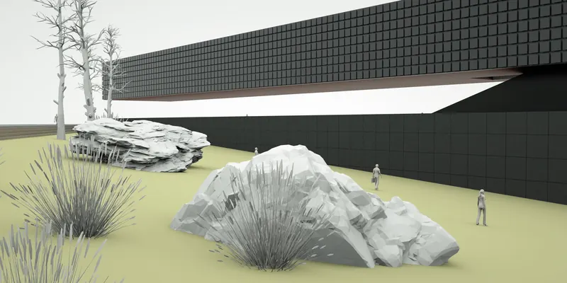Media Building: a long dark volume cantilevering over a rocky landscape