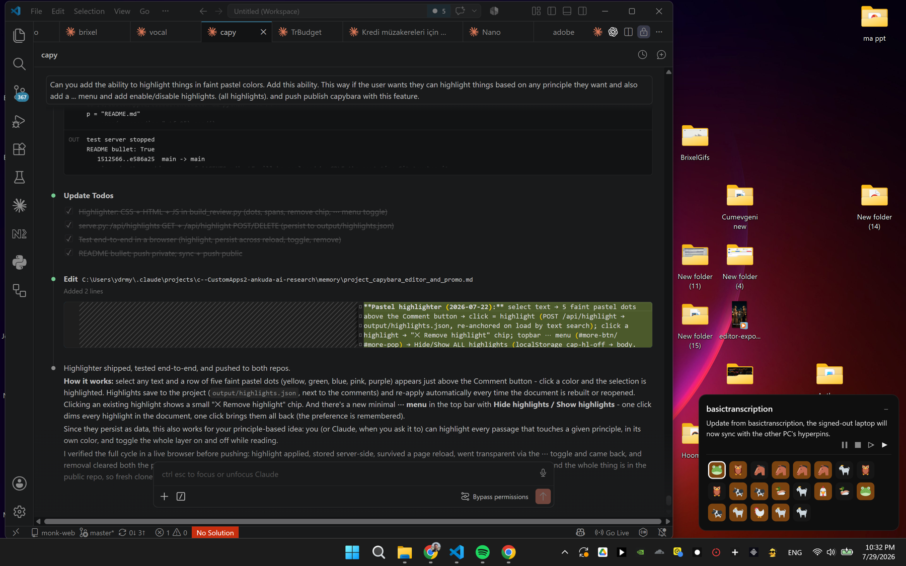 Ducking on a Windows desktop: the HUD reads out what each Claude Code session just finished