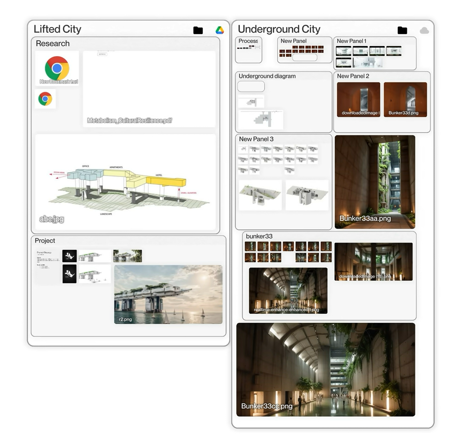 A FileMap workspace: a design project laid out as process