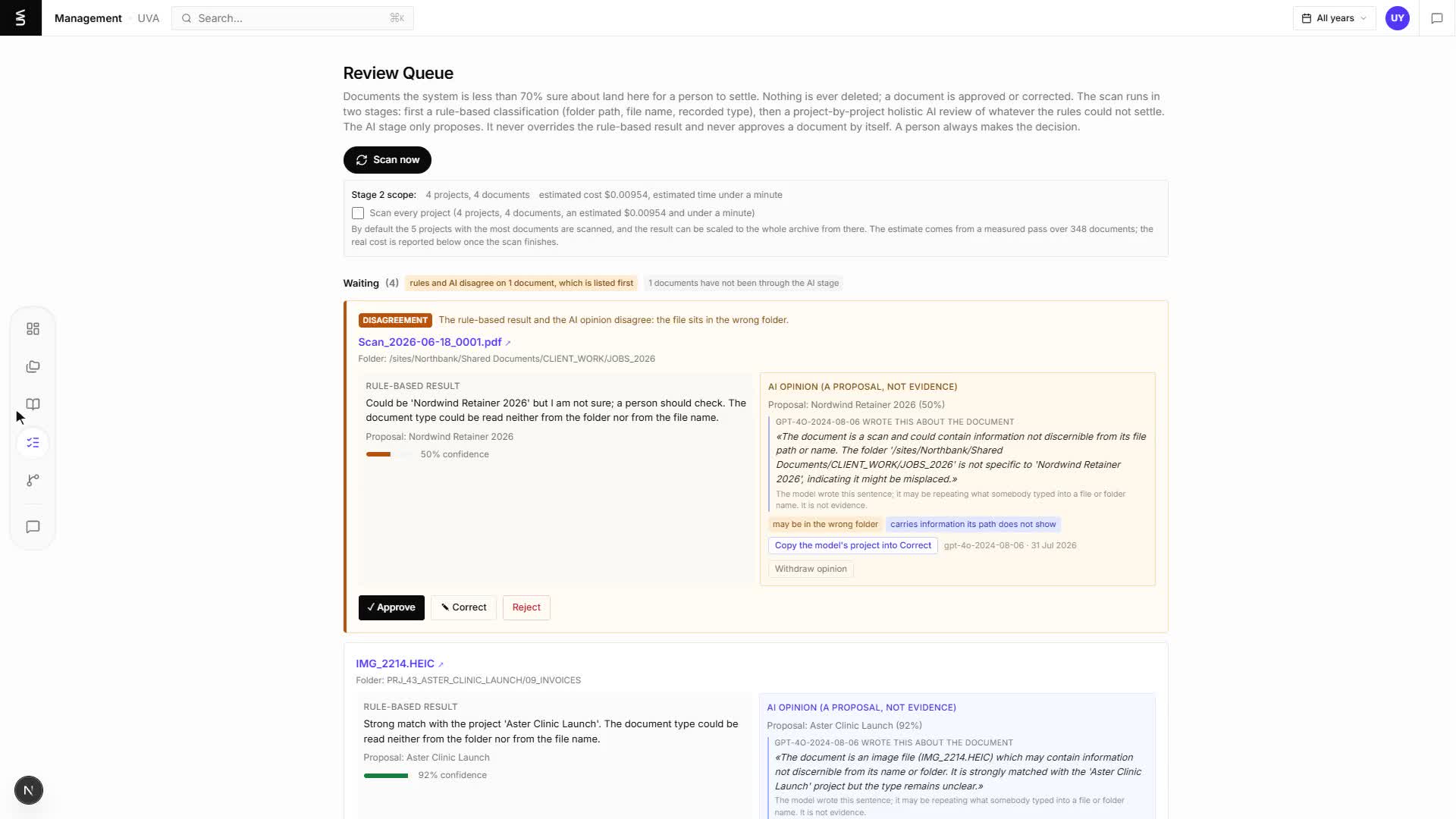 The review queue: where the system is unsure, it shows the file, what it read, and why it hesitated