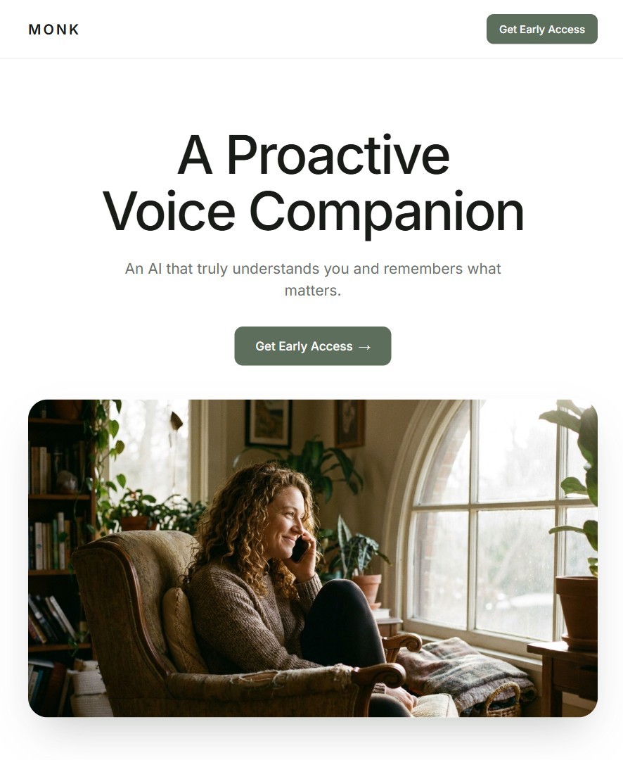 The MONK website: an AI that calls you, listens, and remembers