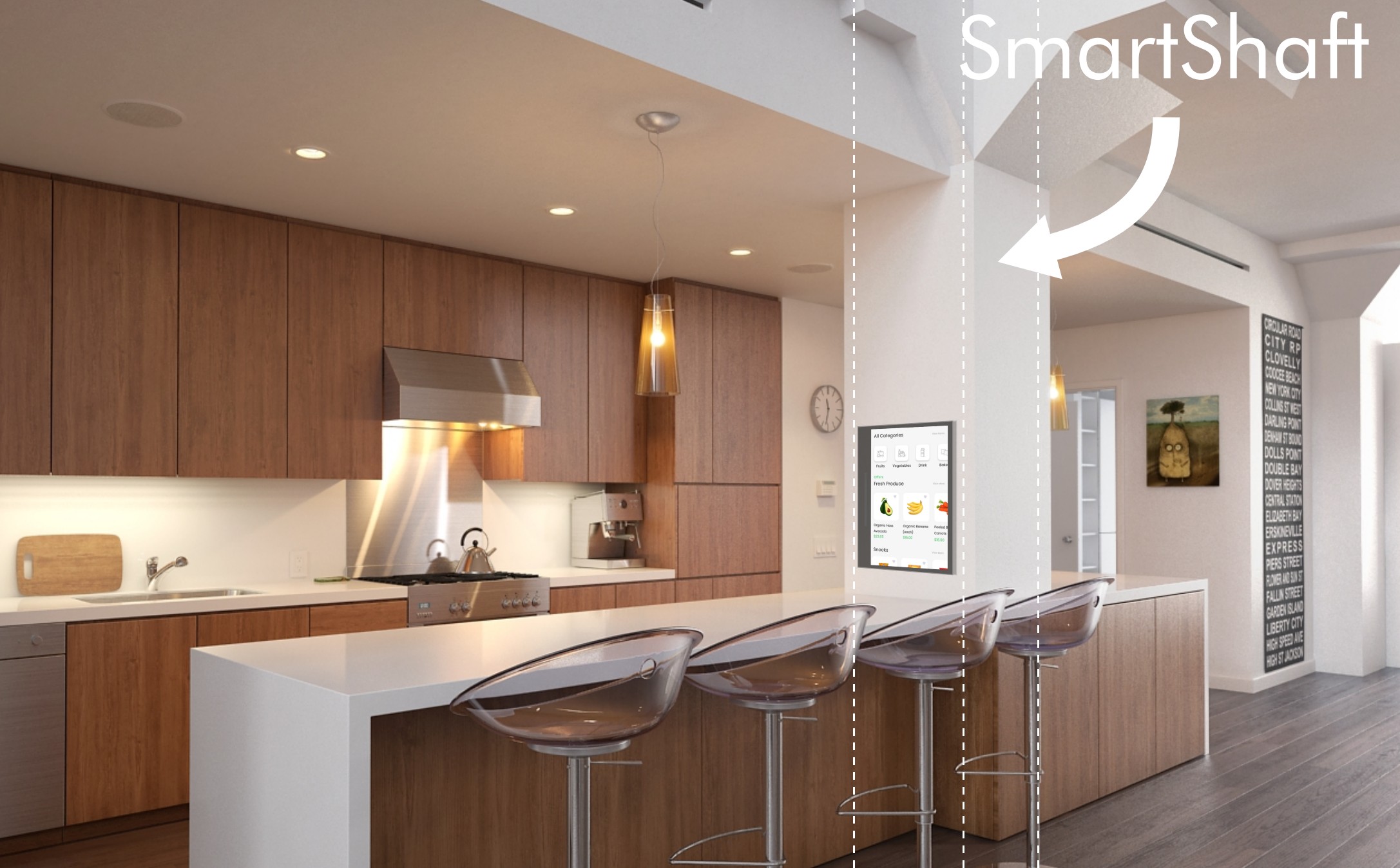 The shaft arriving in an apartment: a touchscreen and a hatch set into the kitchen wall