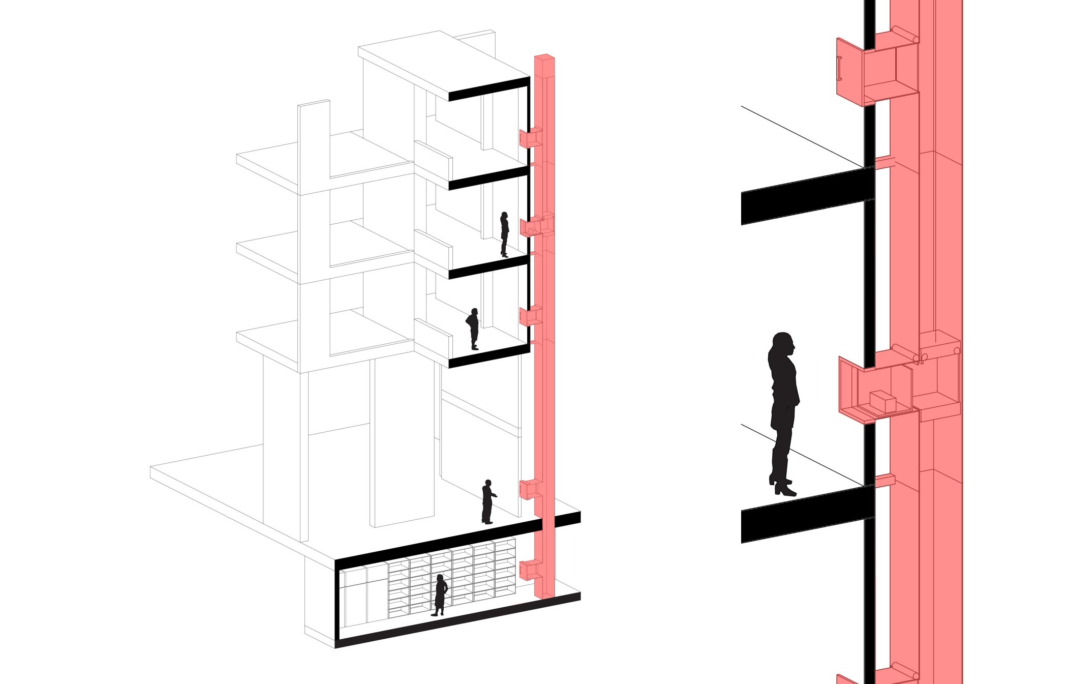 Design: the shaft threading past the floor slabs, with a hatch opening into each unit