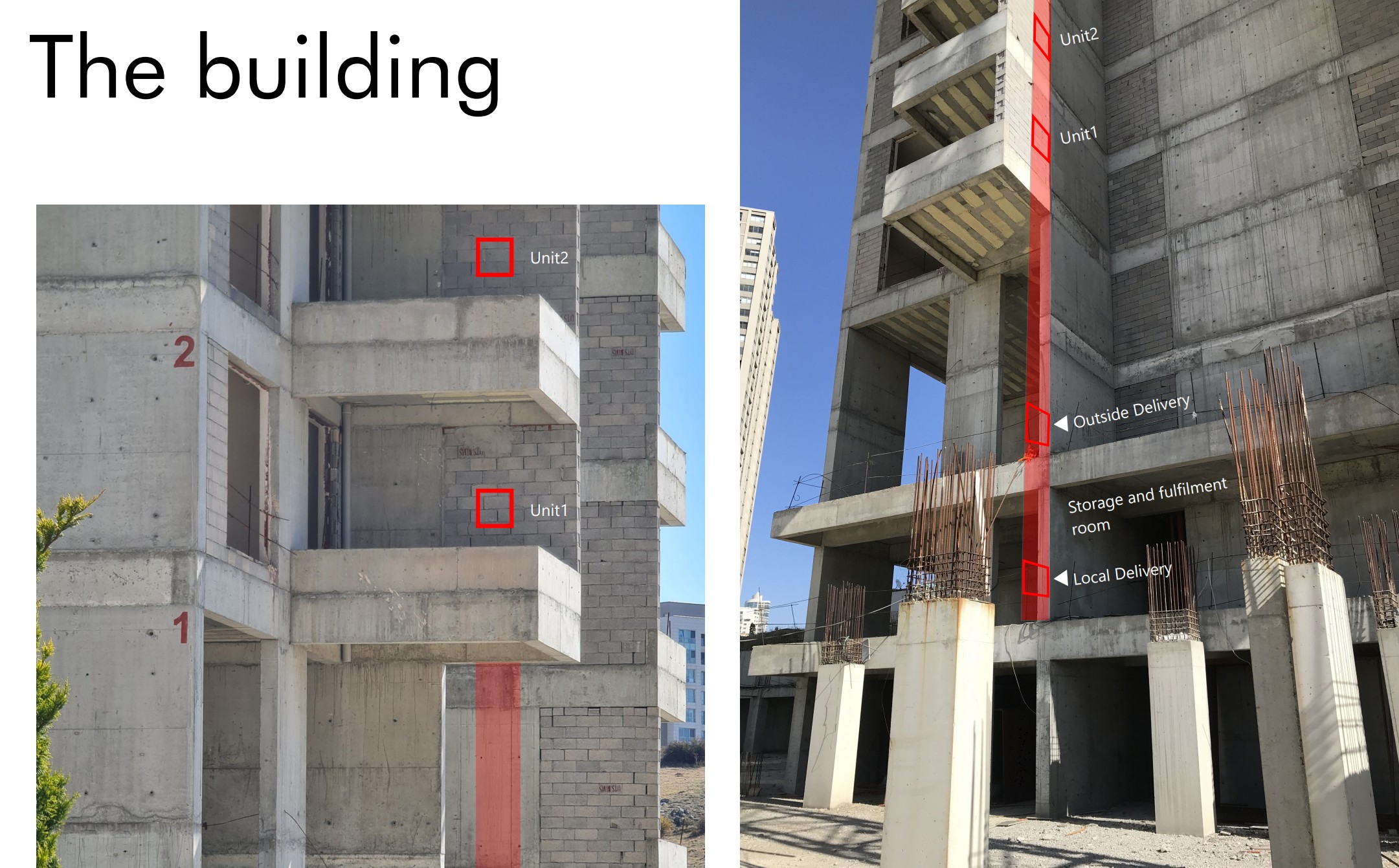 The building in construction: unit hatches, the outside delivery point, and the storage and fulfilment room at the base