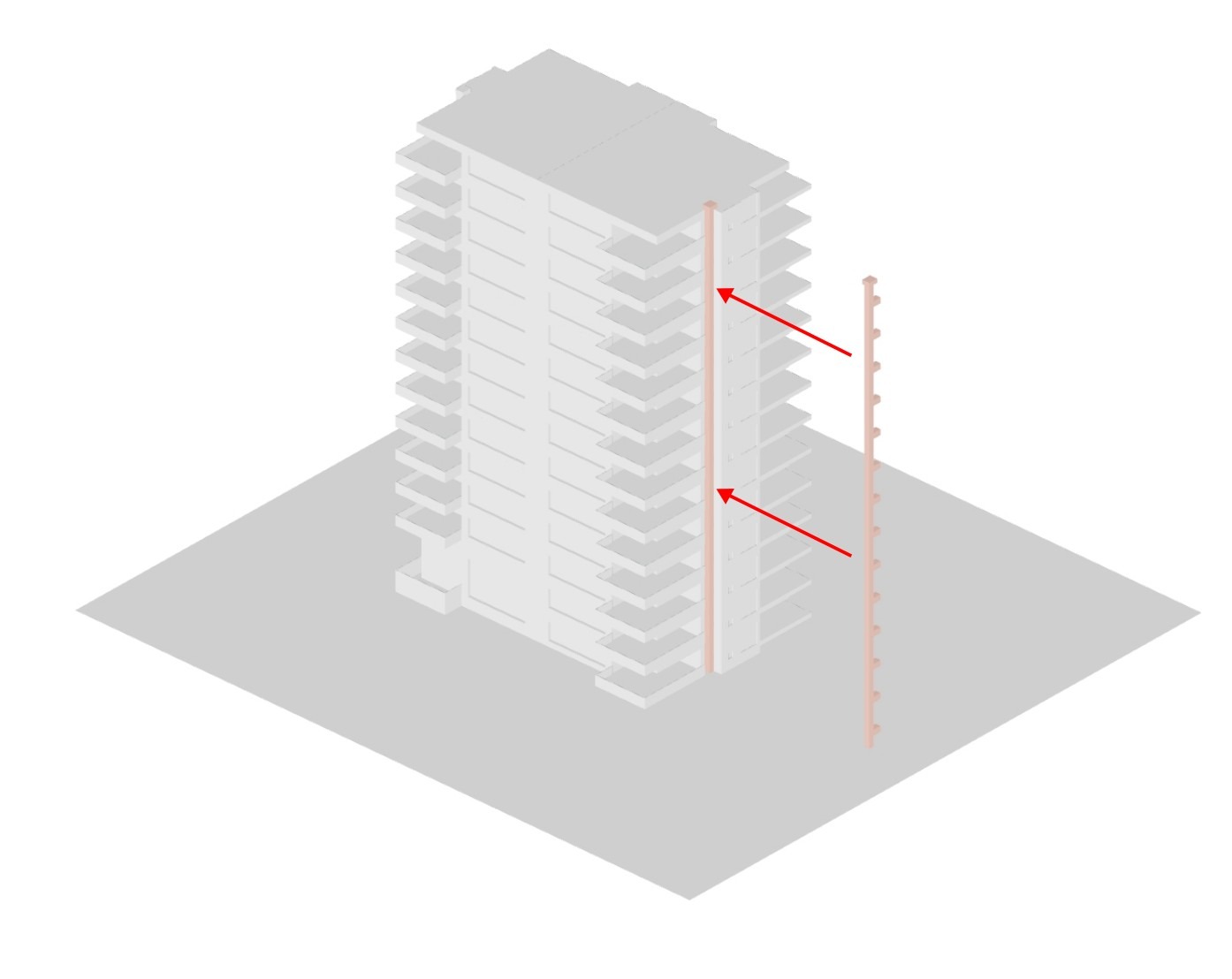 One shaft, the full height of the building, with a delivery point at every floor
