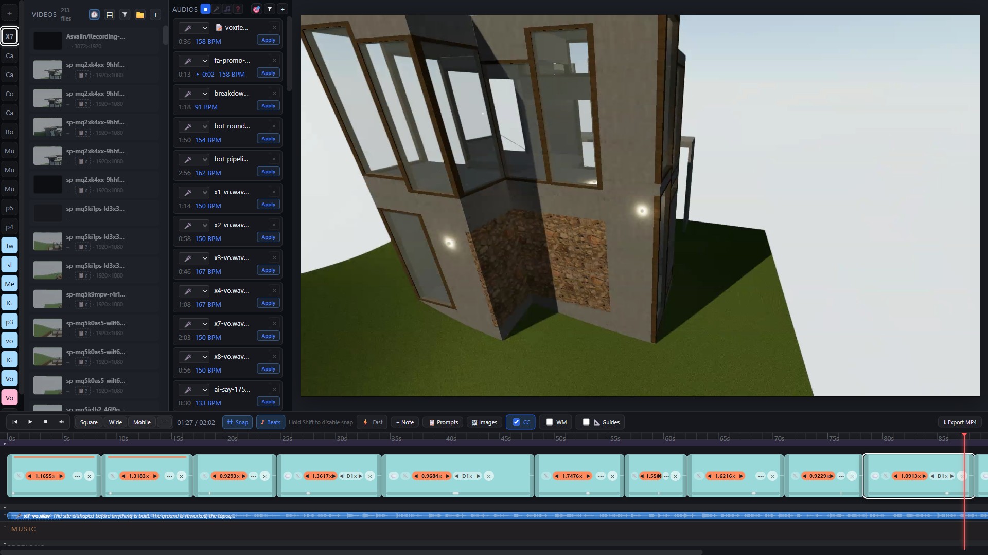 Word-level narration ribbon driving the edit