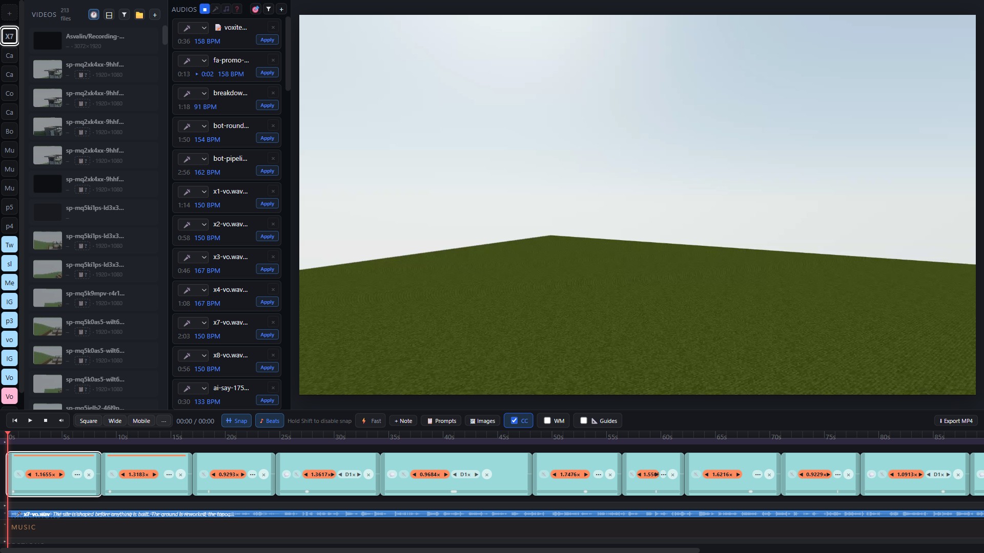 The browser editor: video library, beat-matched audio, narration ribbon, and multi-clip timeline