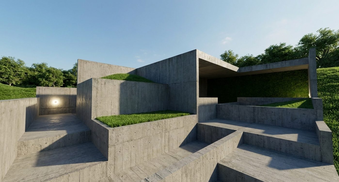Terraced concrete house carved into a hillside at golden hour