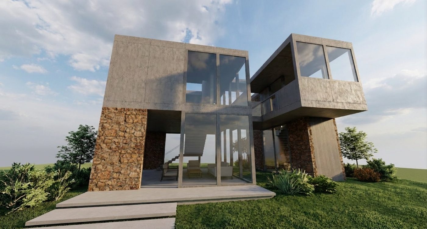 Concrete-and-stone house with full-height glass on a green site
