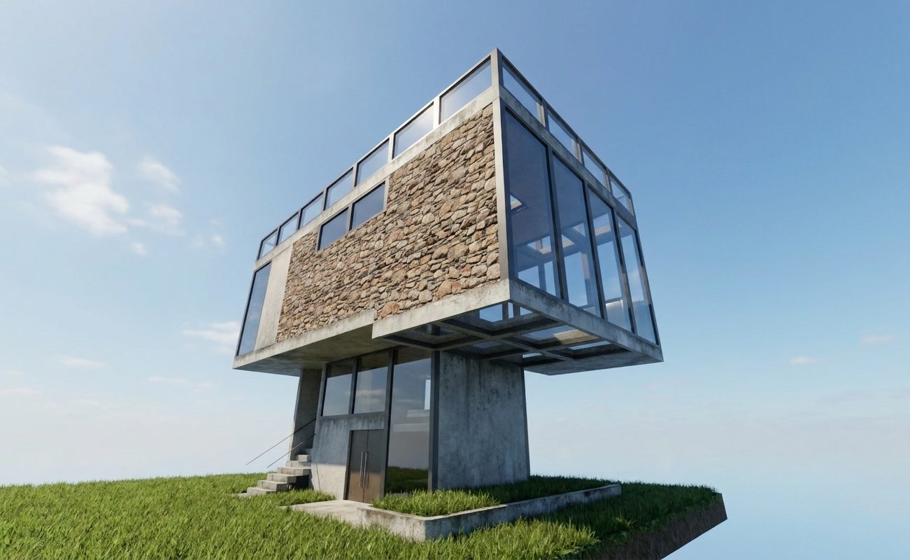 Cantilevered glass-and-stone home over a grassy plinth