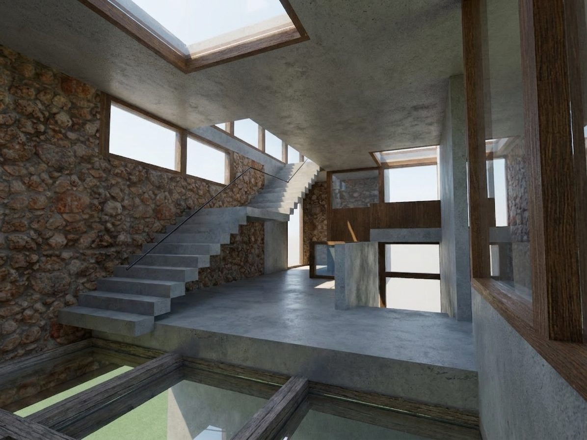Interior with a floating concrete stair and stone feature wall