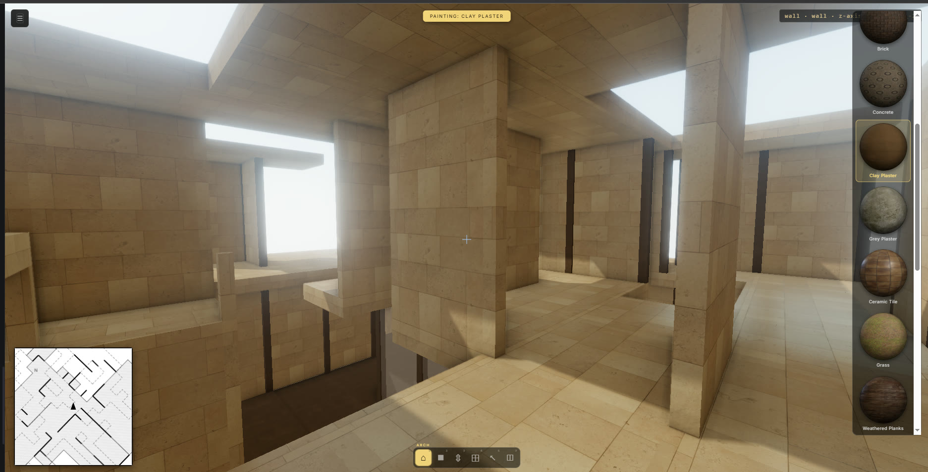 Building live: painting materials onto the voxel structure, with plan minimap and palette